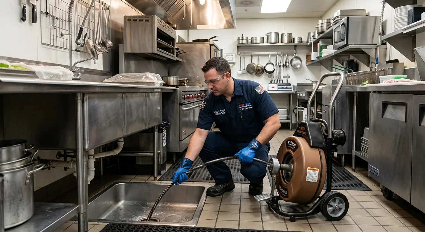 Commercial drain cleaning service in a restaurant kitchen in Garden Grove
