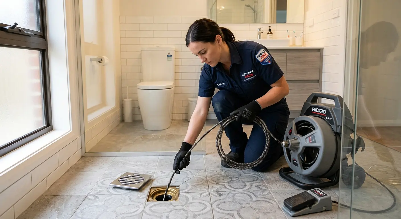 Technician clearing a bathroom floor drain for Hydro Jetting in Garden Grove